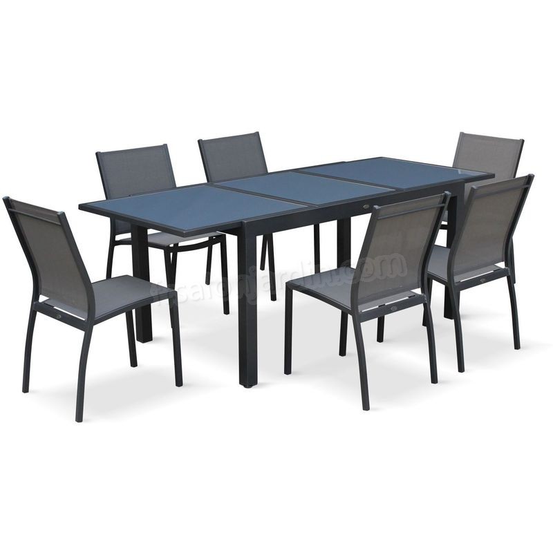 Salon de jardin table extensible - Orlando Gris foncé - Table en aluminium 150/210cm, plateau de verre, rallonge et 6 chaises en textilène prix d’amis - -0