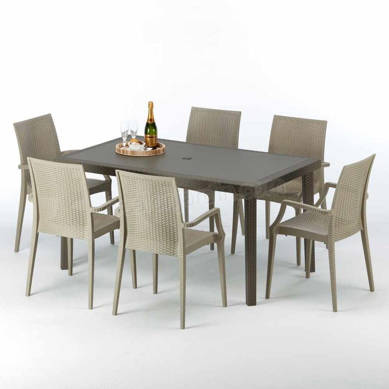 Table rectangulaire 6 chaises Poly rotin resine 150x90 marron FOCUS prix d’amis - -1