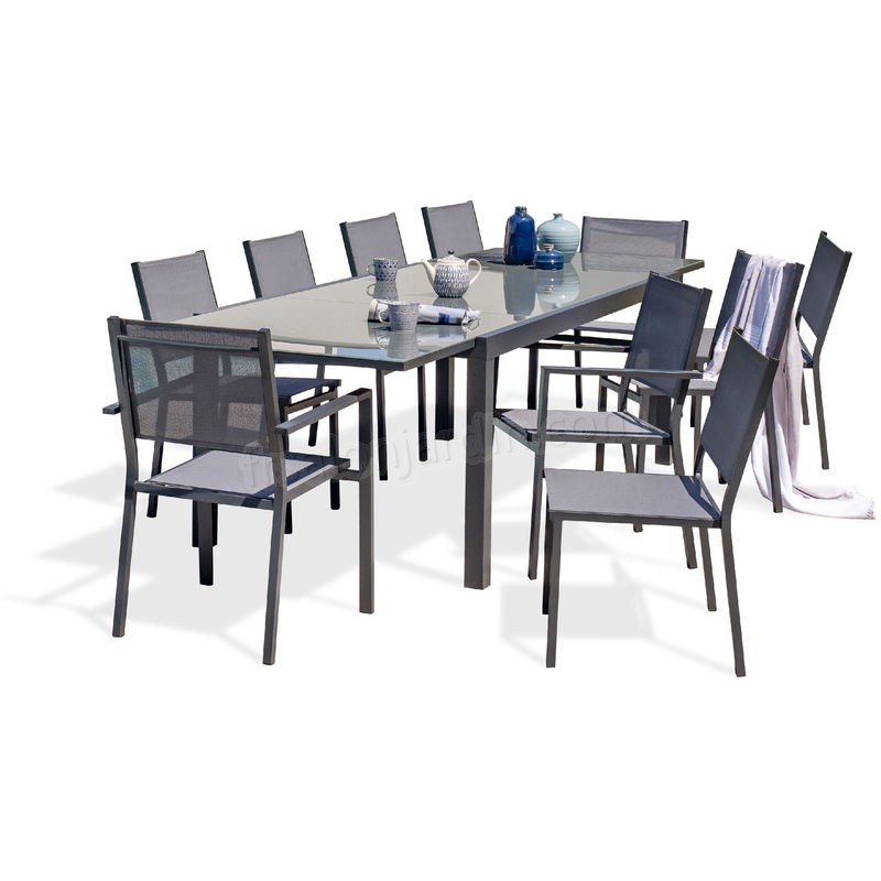 Ensemble table de jardin _ rallonge 200/300 cm + 8 chaises et 2 fauteuils en aluminium et textilene - GRIS ANTHRACITE prix d’amis - -4