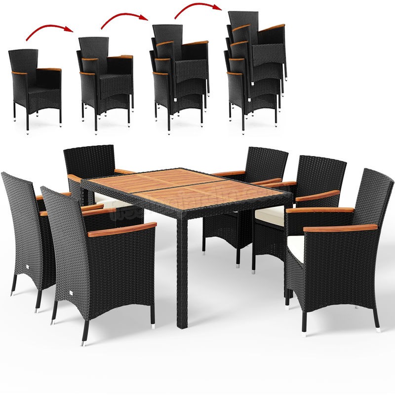 Deuba | Salon de jardin - Ensemble 6+1 • noir, polyrotin | 6 chaises empilables • table + accourdoirs en acacia • résistant aux intempéries | Mobilier prix d’amis - -0