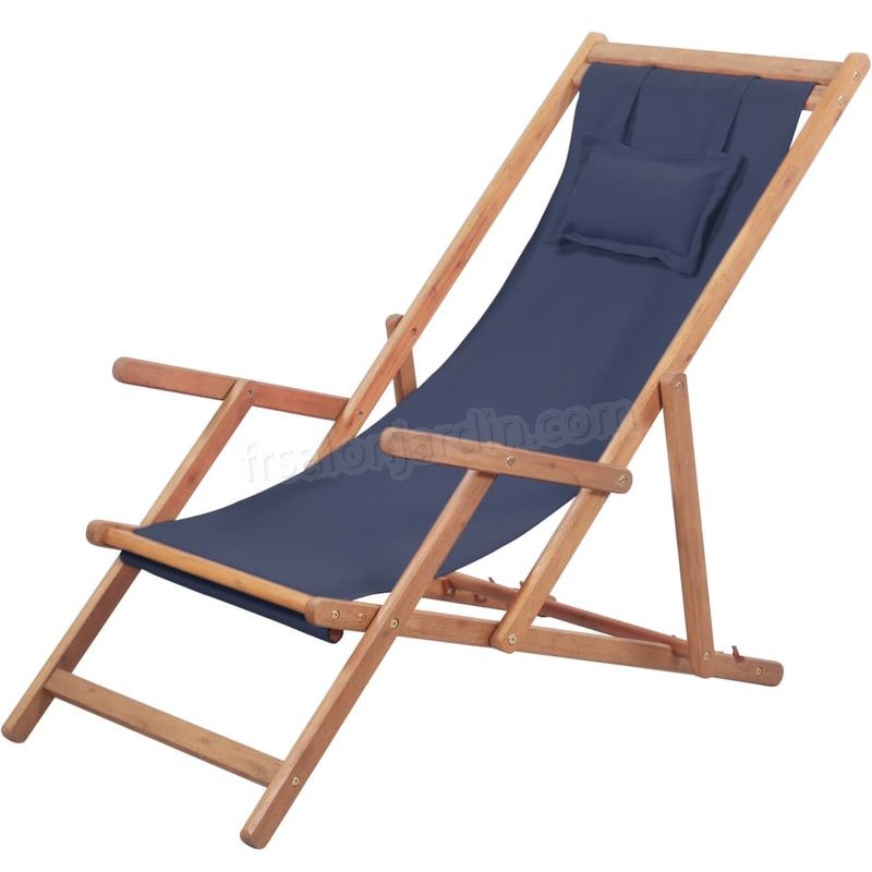 Chaise pliable de plage Transat de jardin Bain de soleil Tissu et cadre en bois Bleu prix d’amis - -0
