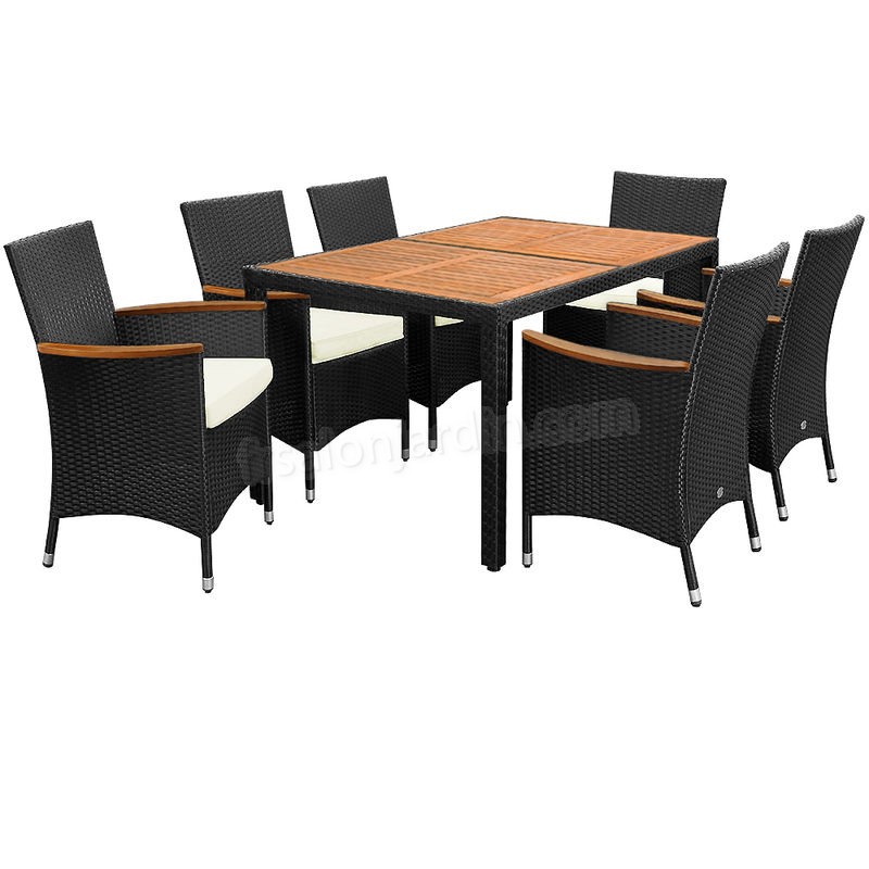 Deuba | Salon de jardin - Ensemble 6+1 • noir, polyrotin | 6 chaises empilables • table + accourdoirs en acacia • résistant aux intempéries | Mobilier prix d’amis - -2