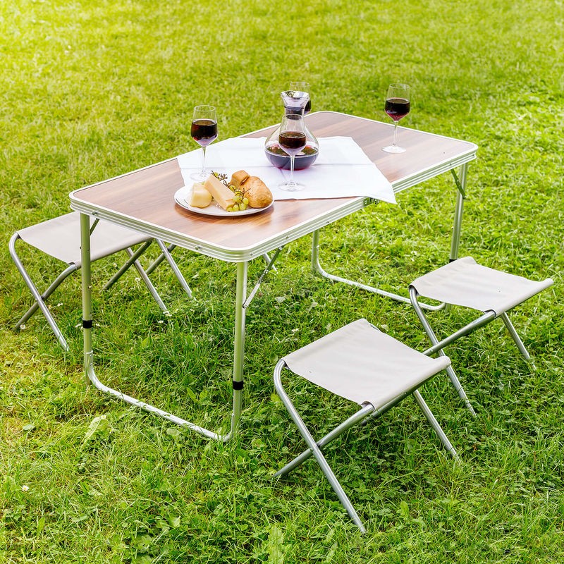 Table Pliante de Camping Valise 122 cm x 62 cm x 71 cm + 4 Tabourets en Aluminium Marron prix d’amis - -1