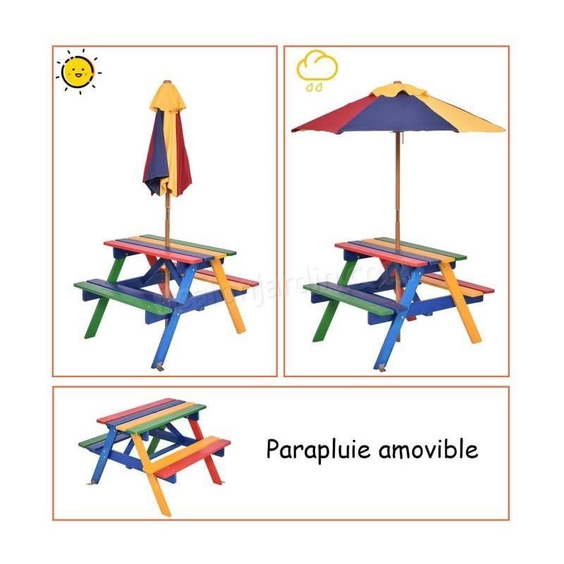 COSTWAY Ensemble Table et Bancs de Jardin avec Parasol pour Enfants Table de Pique-nique en Bois 120 x 140 CM 4 Sièges Disponibles prix d’amis - -1