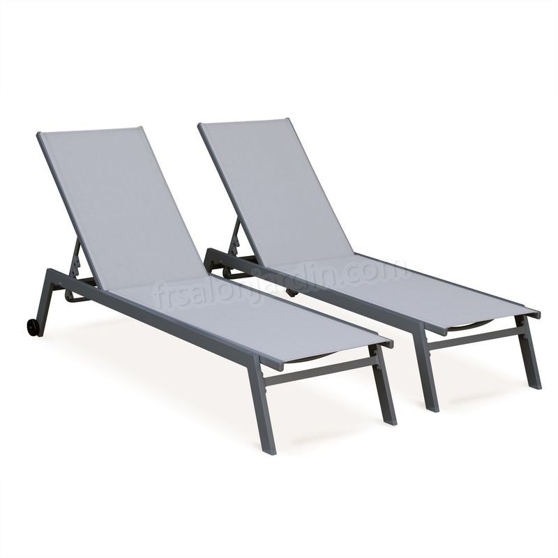 Lot de 2 bains de soleil ELSA en aluminium gris et textilène gris clair, transats multi positions avec roulettes prix d’amis - -0