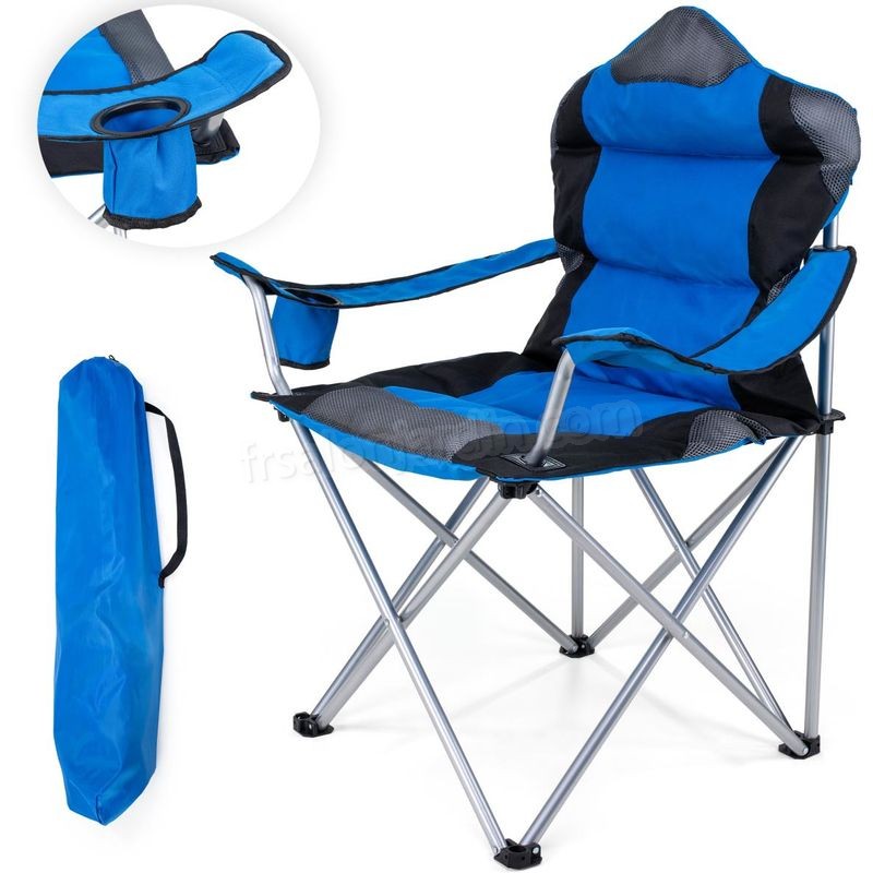TRESKO Chaise de camping pliante BLEU | jusqu'à 150 kg | chaise de pêche, avec accoudoirs et porte-gobelets prix d’amis - -0
