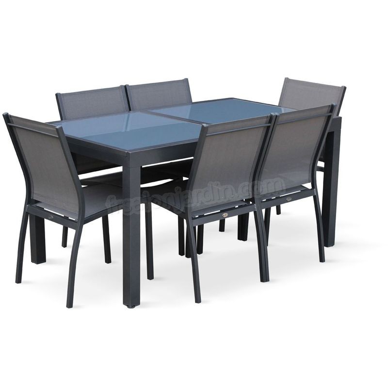 Salon de jardin table extensible - Orlando Gris foncé - Table en aluminium 150/210cm, plateau de verre, rallonge et 6 chaises en textilène prix d’amis - -1