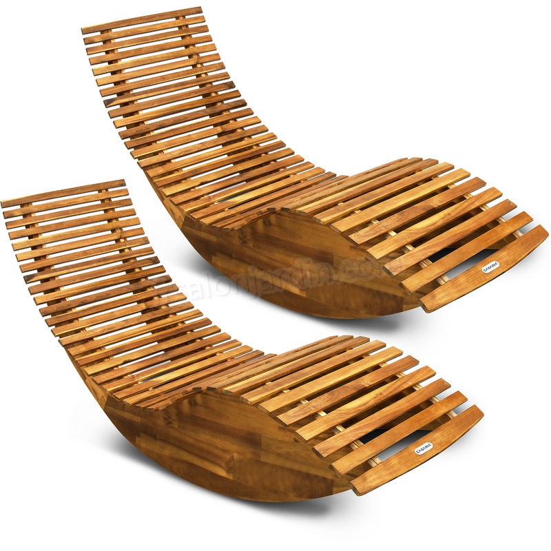 2x Chaise longue à bascule en bois d'acacia certifié FSC transat ergonomique prix d’amis - -0