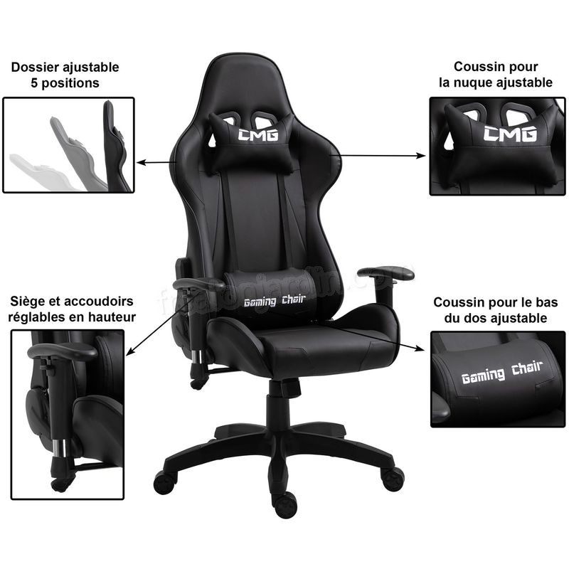 Chaise de bureau GAMING fauteuil ergonomique avec coussins, siège style racing racer gamer chair, revêtement synthétique noir prix d’amis - -1