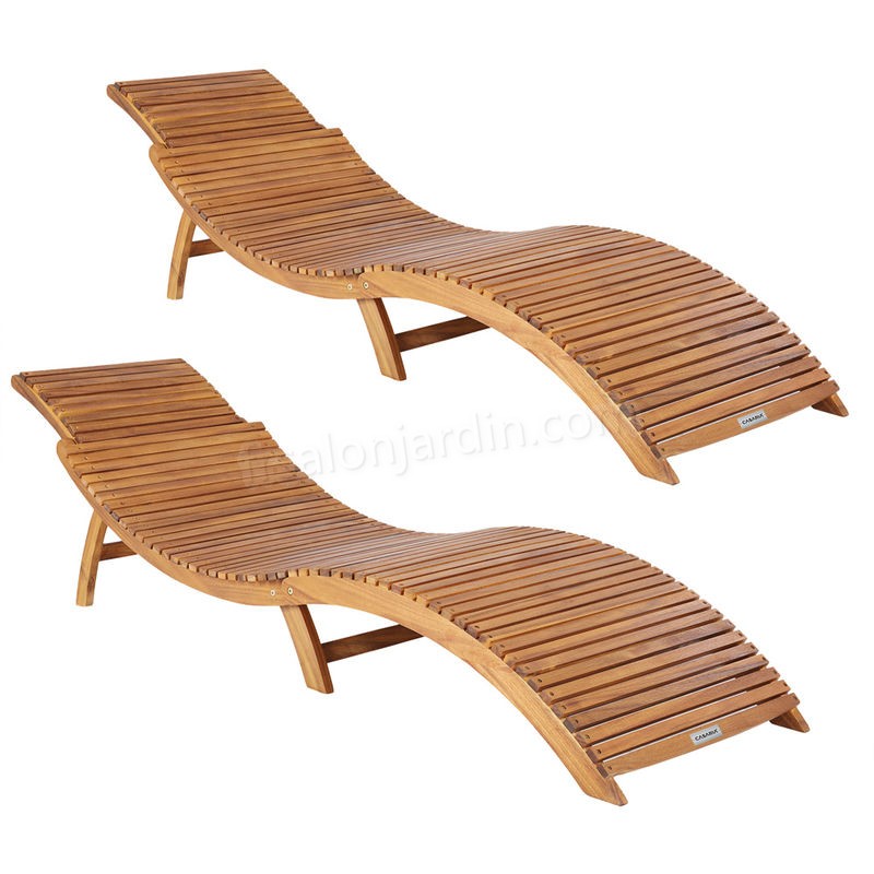 2x Chaises longues pliables en bois d'acacia avec appuie-tête réglable Bain de soleil jardin extérieur prix d’amis - -0