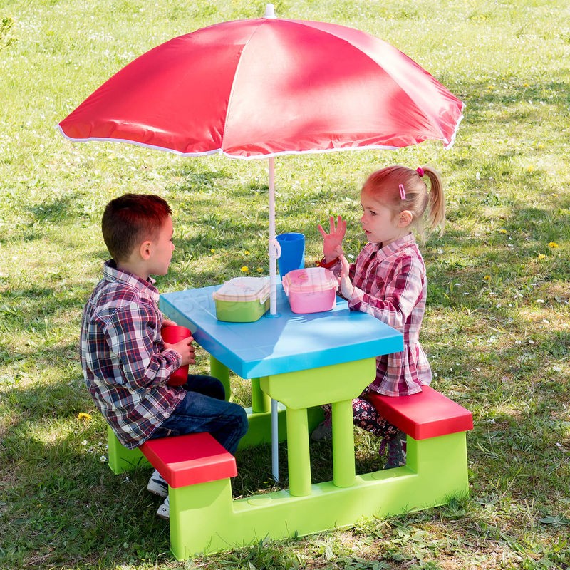 1 Table et 2 Bancs Enfant de Jardin 67 cm x 79 cm x 130 cm + Parasol prix d’amis - -1