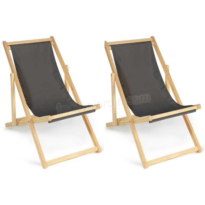 Lot de 2 chaises longues pliantes en bois avec toile gris anthracite prix d’amis - -1
