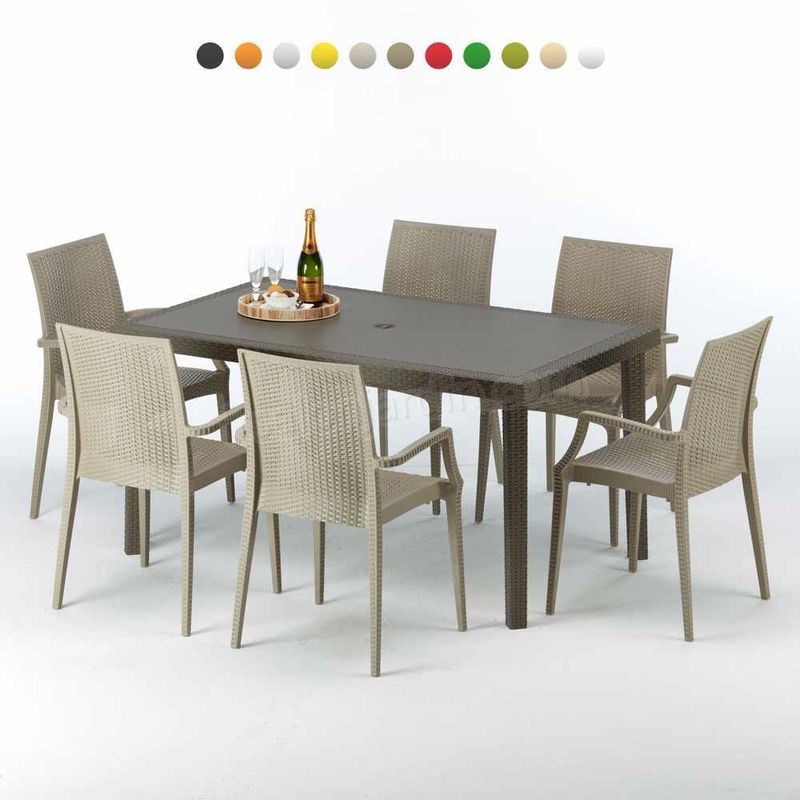 Table rectangulaire 6 chaises Poly rotin resine 150x90 marron FOCUS prix d’amis - -0
