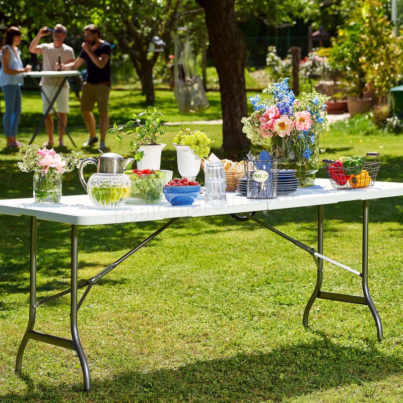 Table de jardin blanc pliable 220x70x72cm plastique poignée de transport buffet table pliante robuste table camping salle à manger prix d’amis - -2