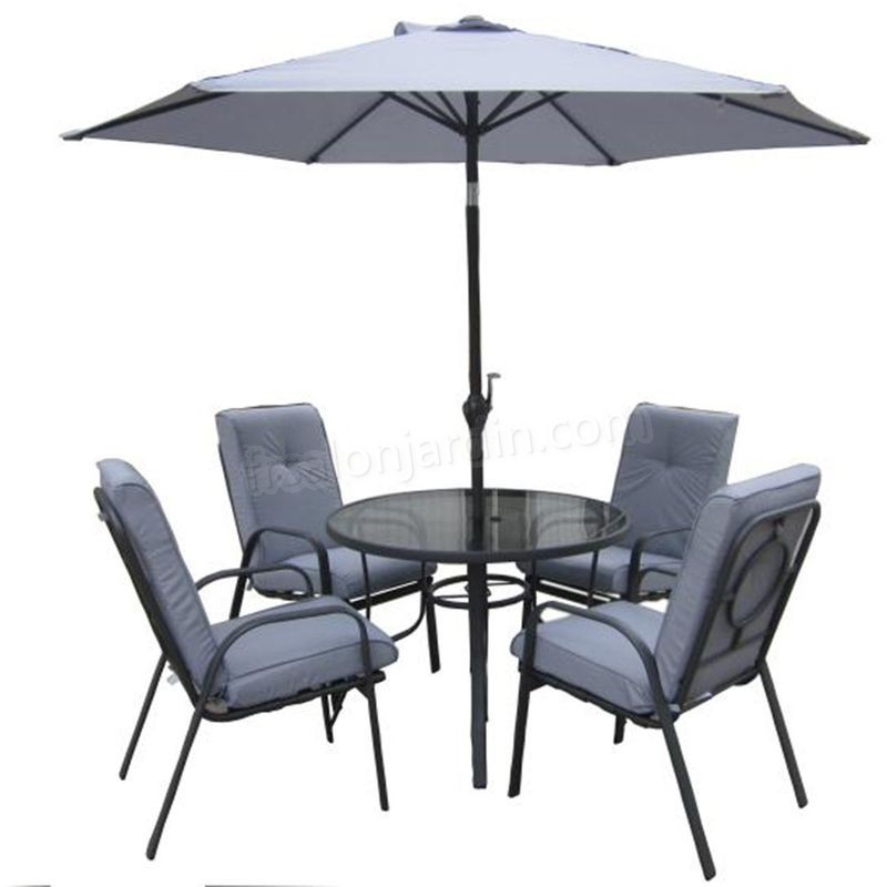 Salon de jardin avec 1 table ronde + 4 chaises + 1 parasol couleur gris prix d’amis - Salon de jardin avec 1 table ronde + 4 chaises + 1 parasol couleur gris prix d’amis